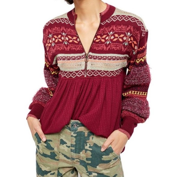 FREE PEOPLE Cabin Fever Metallic Pattern Thermal Sweater Pomegranate Wine, Small - Picture 4 of 4